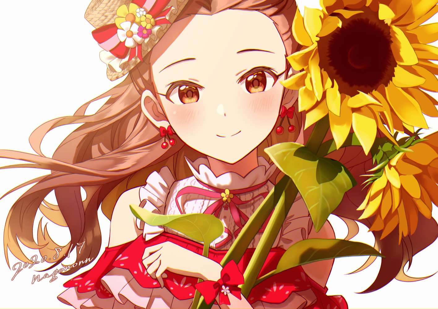1girl artist_name blush boater_hat brown_hair brown_headwear cherry_earrings closed_mouth clothing_cutout commentary curly_hair dated dress earrings flower food-themed_earrings forehead hair_pulled_back hat high_collar holding holding_flower idolmaster idolmaster_cinderella_girls jewelry long_hair looking_at_viewer nagononn neck_ribbon red_eyes ribbon seki_hiromi shoulder_cutout signature simple_background smile solo straw_hat sunflower tilted_headwear white_background white_dress wind