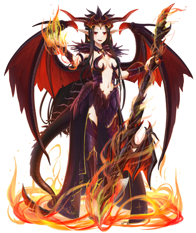 1girl armored_boots black_legwear boots breasts commentary_request dragon_girl dragon_tail dragon_wings fire full_body holding holding_staff long_hair looking_at_viewer magic medium_breasts natsuya_(kuttuki) navel open_mouth orange_horns pointy_ears pussy red_eyes red_wings scales simple_background smile solo staff standing tail thighhighs venus_blade white_background wings