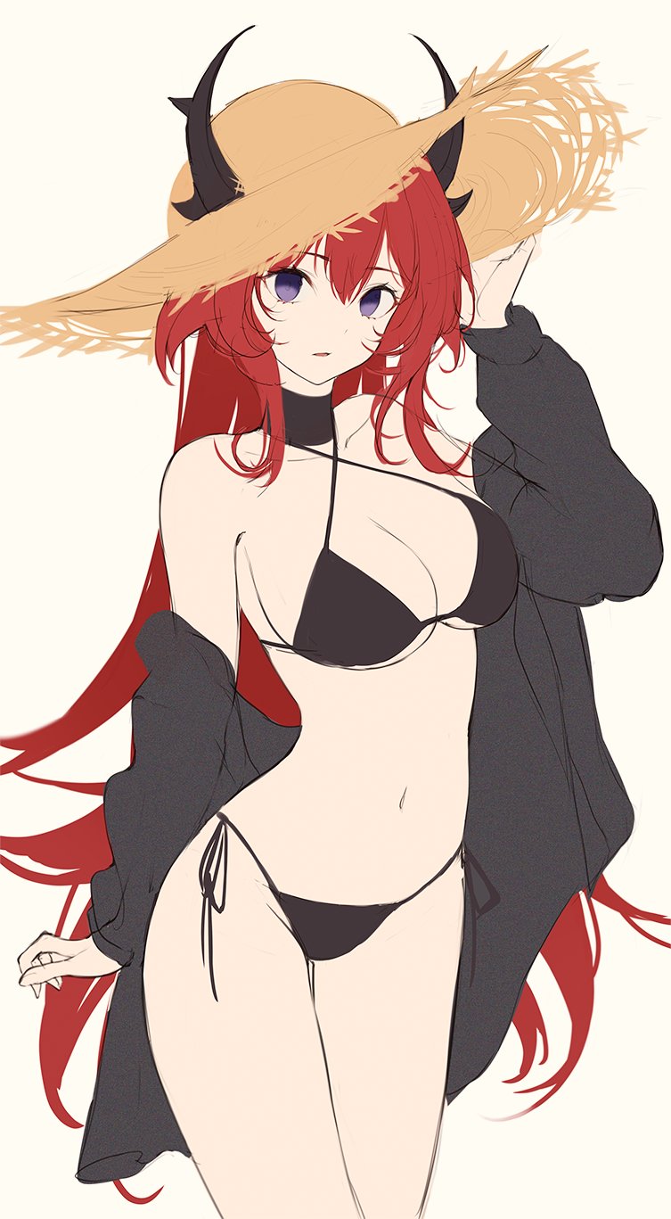 1girl arknights bare_shoulders bikini black_bikini black_choker black_jacket breasts choker cleavage cowboy_shot criss-cross_halter halterneck hand_on_headwear hand_up hat highres horns horns_through_headwear jacket long_hair long_sleeves looking_at_viewer medium_breasts mela_(rbw1s) navel off_shoulder open_clothes open_jacket parted_lips purple_eyes red_hair side-tie_bikini solo standing stomach straw_hat string_bikini surtr_(arknights) swimsuit swimsuit_cover-up thighs unfinished very_long_hair