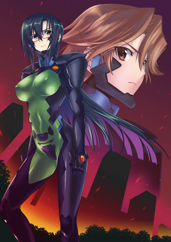 2girls bag blue_eyes brown_eyes brown_hair cover cover_page covered_navel covered_nipples embers english_commentary eyebrows_visible_through_hair fortified_suit frown hair_behind_ear isumi_michiru komaki_sayoko looking_to_the_side makishima_azusa manga_cover multiple_girls muvluv muvluv_alternative official_art pilot_suit projected_inset silhouette textless v-shaped_eyebrows