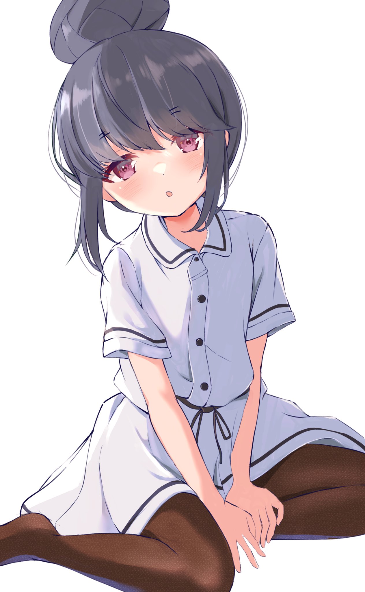 1girl :o bangs between_legs black_legwear blush check_commentary collared_dress commentary_request dress file112056 full_body grey_hair hair_bun hand_between_legs highres long_hair looking_at_viewer pantyhose parted_lips purple_eyes shima_rin short_sleeves simple_background sitting solo white_background white_dress yokozuwari yurucamp