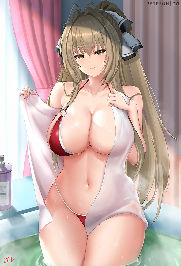 1girl amagi_brilliant_park antenna_hair bangs bare_shoulders bikini blush breasts brown_eyes brown_hair cleavage collarbone commentary cyicheng large_breasts long_hair looking_at_viewer navel ponytail red_bikini sento_isuzu smile solo sweat swimsuit thighs