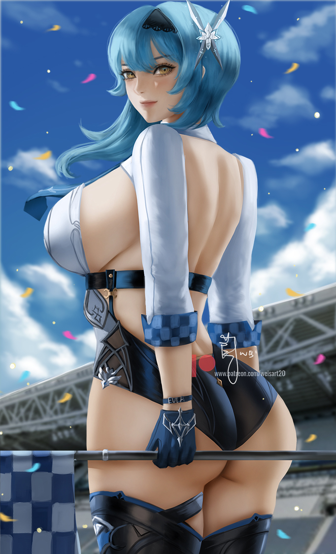 1girl adapted_costume ass back backless_outfit bangs black_gloves black_hairband black_legwear black_shorts blue_hair blue_sky breasts checkered checkered_flag closed_mouth cloud commentary confetti cowboy_shot day eula_(genshin_impact) eyebrows_visible_through_hair flag genshin_impact gloves hairband holding holding_flag large_breasts long_hair long_sleeves outdoors pink_lips race_queen short_shorts shorts shrug_(clothing) sideboob signature sky smile solo stadium thighhighs underbust wei_(promise_0820) yellow_eyes