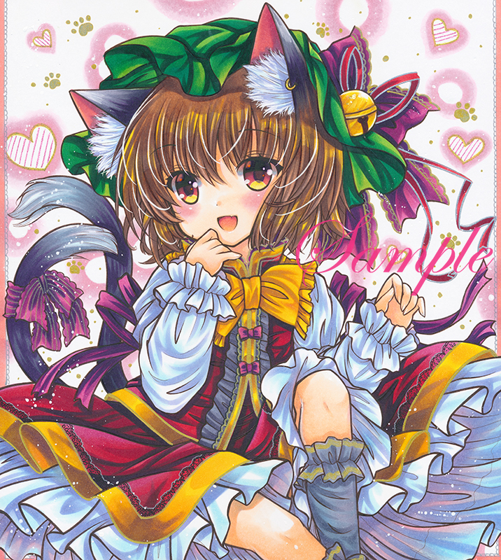 1girl :d animal_ear_fluff animal_ears black_tail bow bowtie brown_hair cat_ears cat_tail chen cowboy_shot dress earrings eyebrows_visible_through_hair fang frilled_bowtie frilled_sleeves frills green_headwear grey_legwear hat hat_bell hat_ribbon heart heart_background jewelry long_sleeves looking_at_viewer marker_(medium) mob_cap multiple_tails open_mouth paw_print paw_print_background purple_ribbon red_dress red_eyes red_ribbon ribbon rui_(sugar3) sample shirt short_hair single_earring skin_fang smile solo tail touhou traditional_media two_tails white_shirt yellow_bow yellow_bowtie