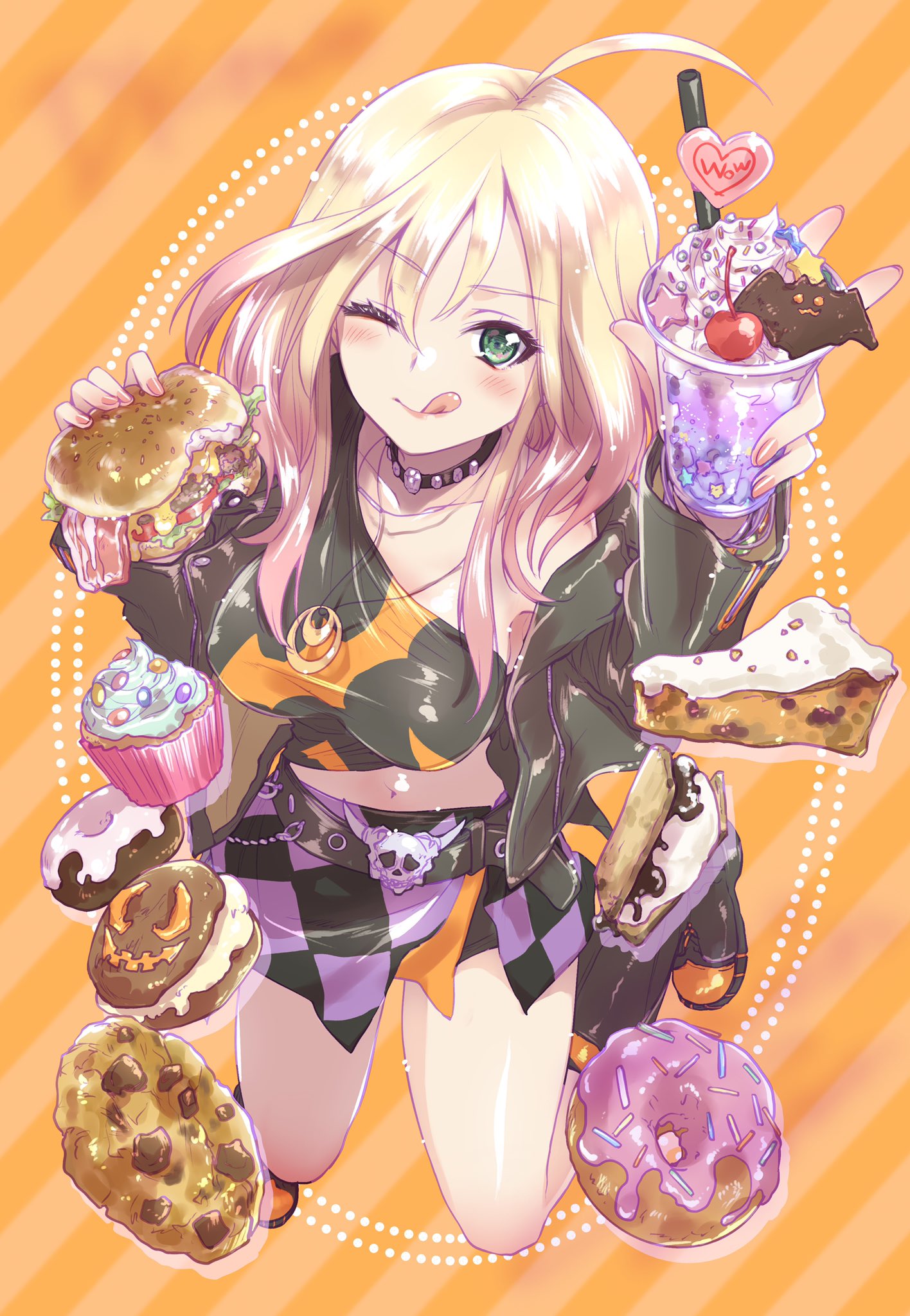 1girl :q ahoge asymmetrical_shirt belt black_belt black_choker black_footwear black_jacket black_shirt blonde_hair boots burger checkered checkered_skirt cherry_print choker closed_mouth commentary cookie cup cupcake disposable_cup doughnut food food_print full_body green_eyes halloween halloween_costume highres holding holding_food jacket jewelry kneeling kuroi_mimei long_hair long_sleeves looking_at_viewer midriff miniskirt navel necklace one_eye_closed orange_background original pie purple_skirt shirt skirt smile solo tongue tongue_out