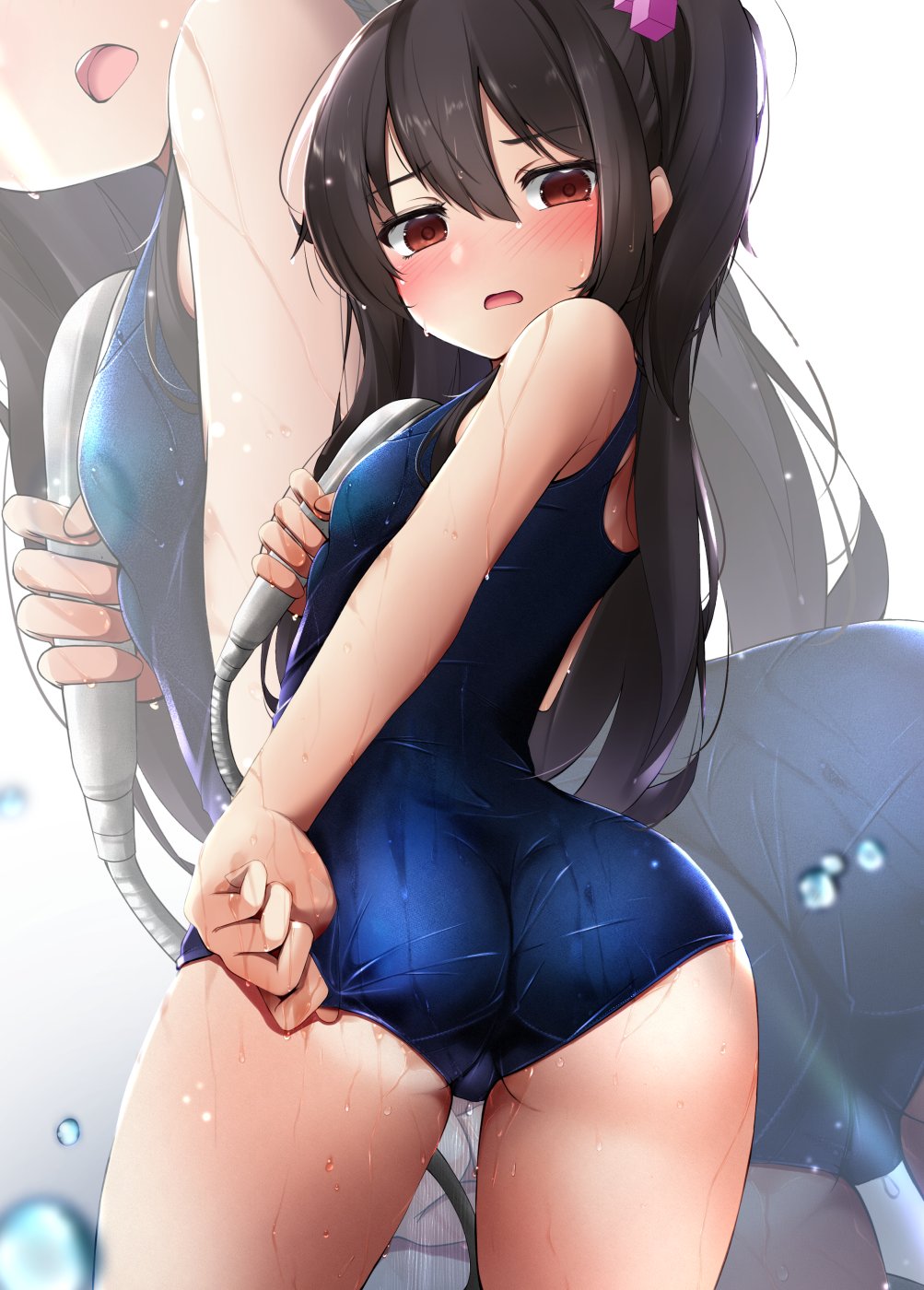 1girl adachi_tenka ass bangs bare_arms bare_shoulders black_hair blue_swimsuit blush breasts cowboy_shot eyebrows_visible_through_hair from_behind hair_between_eyes highres kuro_yanagi long_hair looking_at_viewer looking_back one-piece_swimsuit open_mouth parted_lips red_eyes school_swimsuit shoujo_ramune side_ponytail small_breasts swimsuit thighs wet