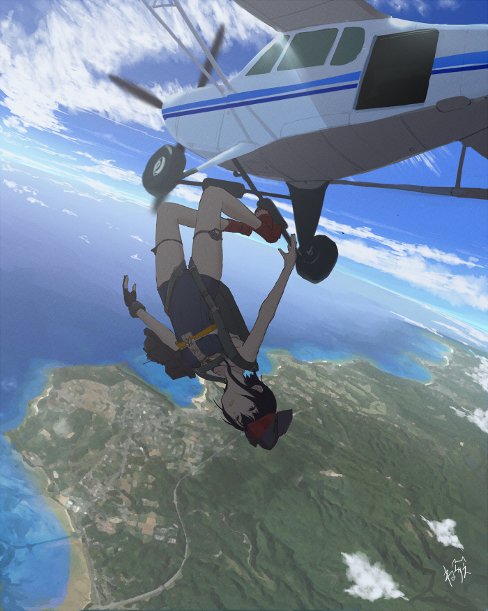 1girl aircraft airplane asymmetrical_hair bangs black_gloves black_hair blue_swimsuit breasts cloud commentary day falling gloves headgear i-14_(kancolle) kantai_collection neve ocean one-piece_swimsuit outdoors parachute parted_lips partially_fingerless_gloves red_footwear sailor_collar signature single_glove sky skydive small_breasts solo swimsuit swimsuit_under_clothes toeless_footwear water