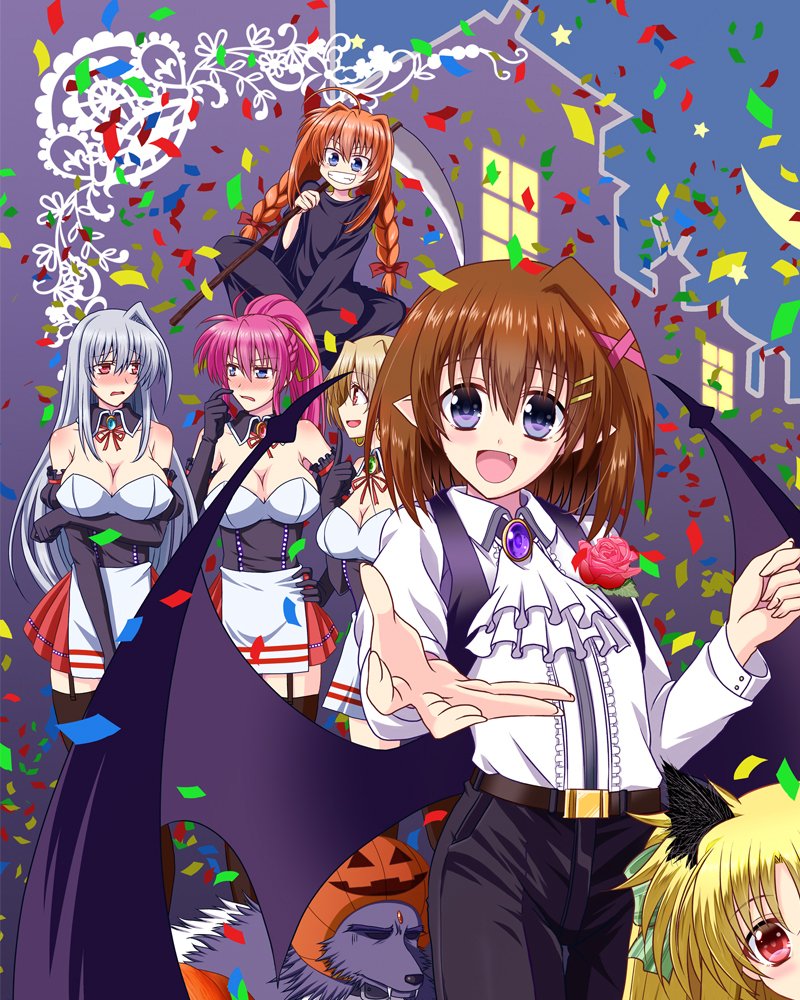 6+girls :d animal_ears ascot bangs belt black_belt black_coat black_dress black_gloves black_pants black_wings blonde_hair blue_eyes blush braid breasts brooch brown_hair cat_ears cleavage coat confetti demon_wings detached_collar dirndl dress dress_shirt elbow_gloves fang fate_testarossa floating frown german_clothes gloves hair_ornament hair_ribbon halloween halloween_costume holding holding_staff jack-o'-lantern jewelry kiriya_(aprikose_0312) large_breasts long_dress long_hair long_sleeves looking_at_another looking_at_viewer low_twintails low_wings lyrical_nanoha mahou_shoujo_lyrical_nanoha mahou_shoujo_lyrical_nanoha_a's multiple_girls pants peeking_out pleated_dress pointy_ears ponytail pumpkin_hat purple_hair reaching_out red_eyes red_ribbon reinforce_zwei ribbon shamal shirt short_dress short_hair signum silver_hair single_hair_intake smile staff standing strapless strapless_dress twin_braids twintails vampire_costume vita white_shirt wing_collar wings x_hair_ornament yagami_hayate zafira
