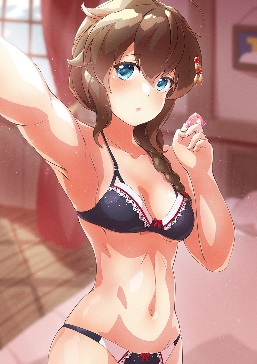 1girl :o ahoge armpits arthur_ko bangs bed bed_sheet black_bra black_panties blue_eyes blush bra braid braided_ponytail breasts brown_hair clothes_lift cloud commentary_request condom condom_wrapper cowboy_shot curtains english_commentary eyebrows eyebrows_visible_through_hair hair_flaps hair_ornament hand_up head_tilt highres holding holding_condom indoors kantai_collection lifted_by_self looking_at_viewer medium_breasts medium_hair mixed-language_commentary navel open_mouth panties pillow portrait_(object) reward_available selfie shigure_(kancolle) side_ponytail sky solo stomach sunlight underwear underwear_only window