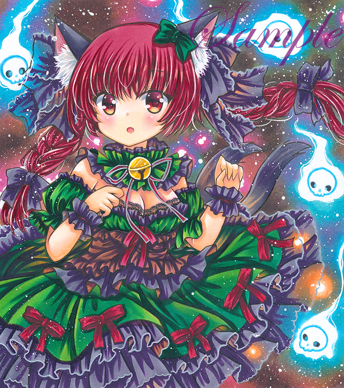 1girl :o animal_ear_fluff animal_ears bell black_ribbon blush braid breasts cat_ears cat_tail cowboy_shot detached_collar downblouse eyebrows_visible_through_hair frilled_ribbon frilled_shirt_collar frilled_skirt frills green_skirt hair_ribbon hitodama jingle_bell kaenbyou_rin looking_at_viewer marker_(medium) medium_breasts medium_hair multiple_tails neck_bell open_mouth red_eyes red_hair red_ribbon ribbon rui_(sugar3) sample skirt skull solo tail touhou traditional_media twin_braids two_tails