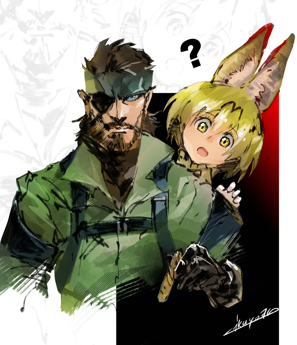 1boy 1girl animal_ears bandana beard blue_eyes brown_hair cigar crossover eyepatch facial_hair gloves headband highres holding holding_cigar ikuyoan kemono_friends metal_gear_(series) metal_gear_solid_3 mustache naked_snake open_mouth serval_(kemono_friends) short_hair yellow_eyes