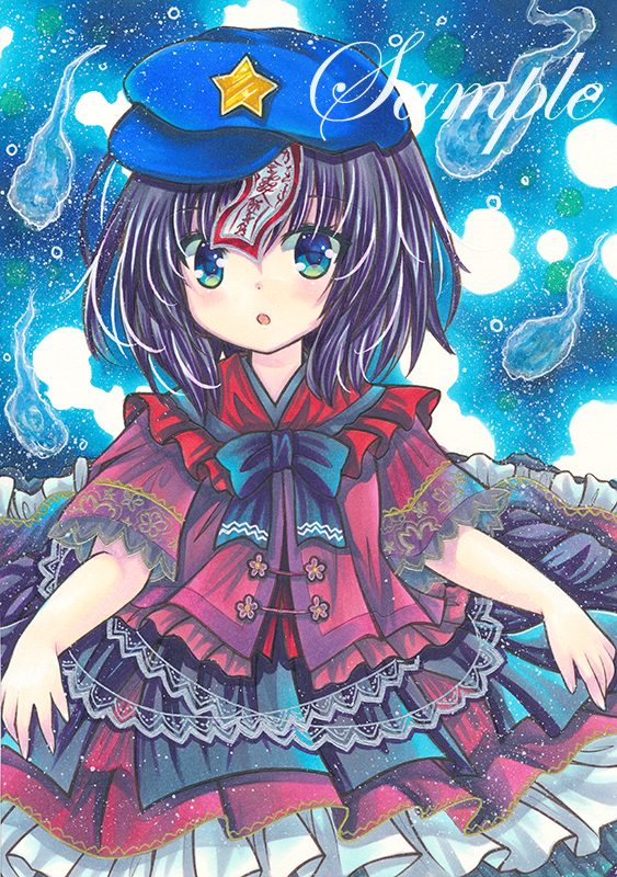 1girl :o black_bow black_bowtie black_hair black_skirt blue_background blue_eyes blue_headwear bow bowtie cabbie_hat chinese_clothes cowboy_shot eyebrows_visible_through_hair frilled_skirt frills hat hitodama layered_skirt looking_at_viewer marker_(medium) miyako_yoshika ofuda ofuda_on_head open_mouth outstretched_arms rui_(sugar3) sample short_sleeves skirt solo star_(symbol) tangzhuang touhou traditional_media zombie_pose