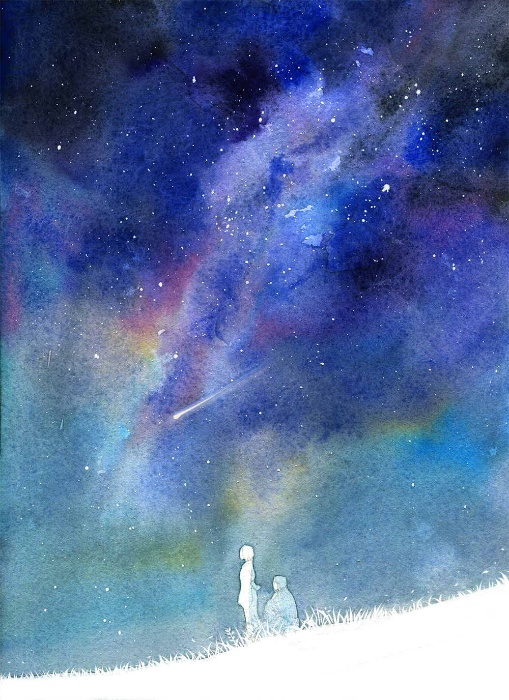 1boy 1girl amber_t character_request chinese_commentary facing_away from_side full_body grass highres japanese_clothes kimono long_sleeves mushishi night night_sky outdoors painting_(medium) scenery shooting_star short_hair sitting sky standing star_(sky) starry_sky tagme traditional_media watercolor_(medium) wide_shot