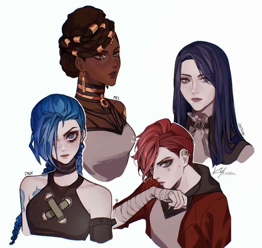 4girls arcane:_league_of_legends bangs bare_shoulders blue_hair braid breasts brown_eyes caitlyn_(league_of_legends) character_name closed_mouth cloud_tattoo collarbone cropped_torso dark-skinned_female dark_skin earrings hair_over_one_eye hood hood_down jacket jewelry jinx_(league_of_legends) kiyukyuu league_of_legends long_hair medium_breasts mel_medarda multiple_girls open_clothes open_jacket red_hair red_jacket short_hair shoulder_tattoo signature simple_background tattoo twin_braids vi_(league_of_legends) white_background