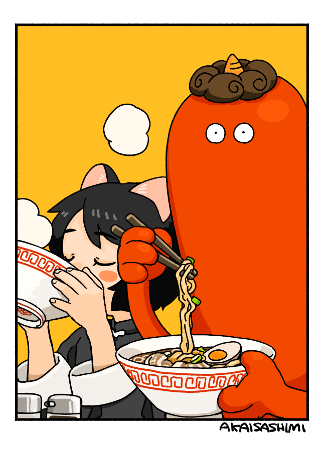 1girl akai_sashimi animal_ears arm_up arms_up bangs black_hair blush_stickers border bowl cat_ears chopsticks closed_eyes covered_mouth drinking eating egg expressionless eyebrows_visible_through_hair facing_viewer fingernails food from_side hand_up hardboiled_egg high_collar holding holding_bowl holding_chopsticks horns long_sleeves looking_at_viewer mandarin_collar meandros meat monster no_nose noodles oni original parted_bangs ramen salt_shaker short_hair signature simple_background single_horn sleeve_cuffs soup steam white_border yellow_background