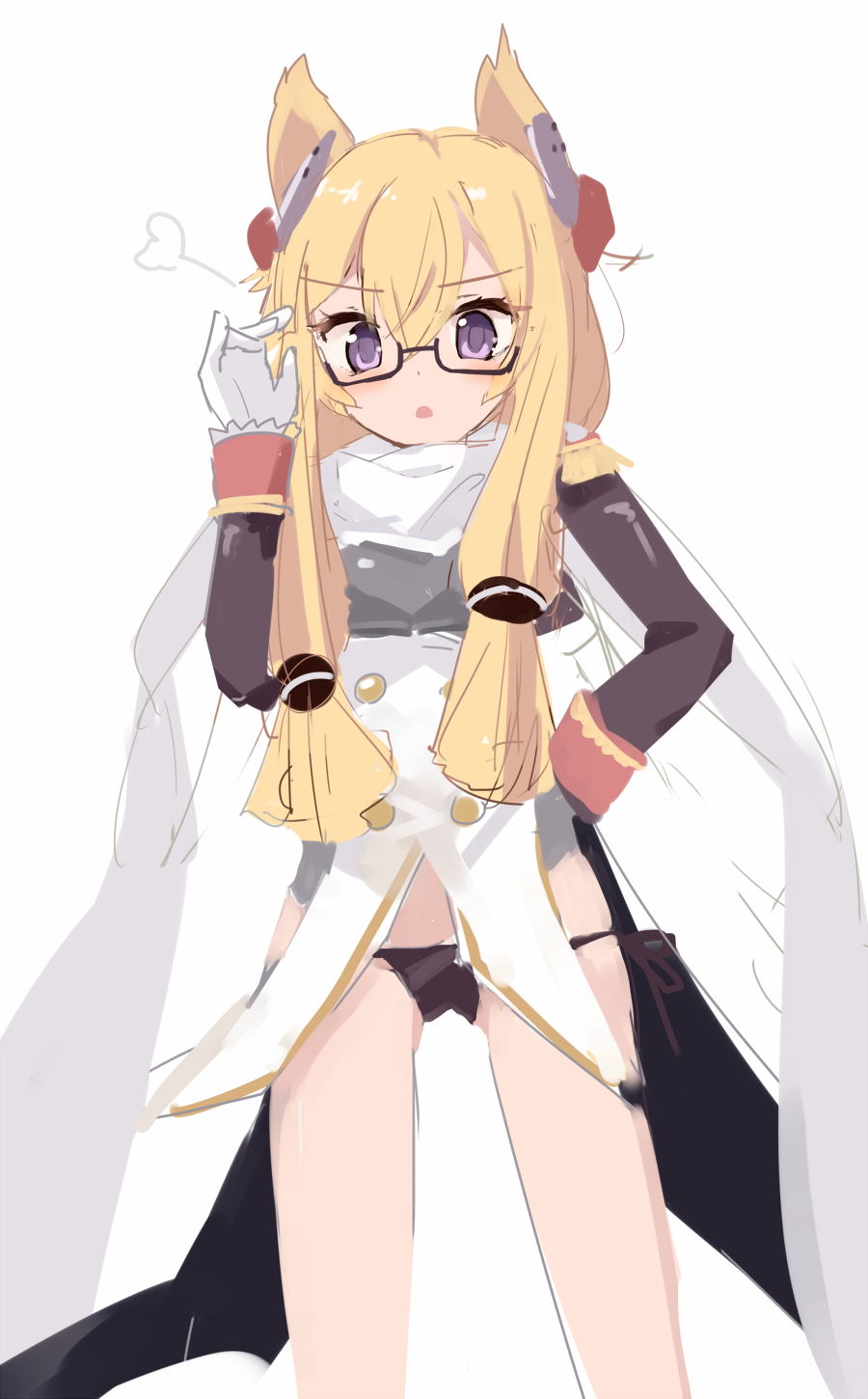 1girl ass_visible_through_thighs azur_lane bangs black-framed_eyewear black_jacket black_panties blonde_hair commentary_request epaulettes eyebrows_visible_through_hair glasses hair_between_eyes hair_ears hand_on_hip headgear highres jacket long_hair long_sleeves panties purple_eyes scarf semi-rimless_eyewear side-tie_panties simple_background sketch solo taharu_kousuke under-rim_eyewear underwear very_long_hair warspite_(azur_lane) white_background white_scarf