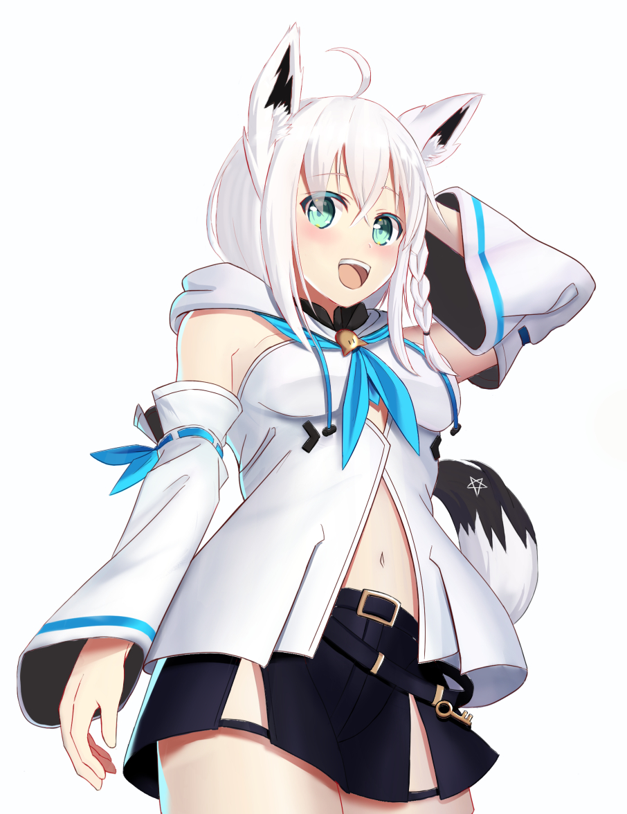 1girl ahoge animal_ear_fluff animal_ears bangs belt black_shorts blue_neckerchief blush braid breasts commentary_request detached_sleeves eyebrows_visible_through_hair fox_ears fox_girl fox_tail green_eyes hair_between_eyes hand_in_hair hololive hood hoodie key long_hair looking_at_viewer midriff navel neckerchief open_mouth pentagram ritsuka_(ritsuka_twin) shirakami_fubuki short_shorts shorts sidelocks simple_background single_braid small_breasts solo tail virtual_youtuber white_background white_hair white_hoodie