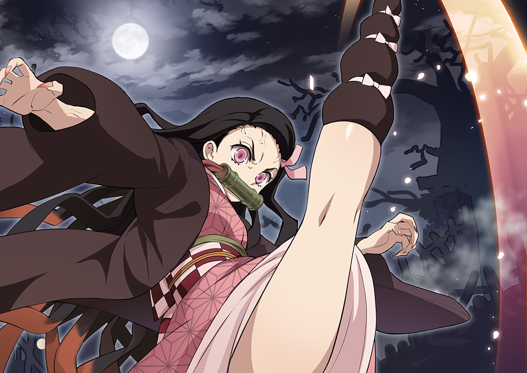 1girl arms_up bamboo bit_gag black_hair checkered_obi fighting_stance fingernails gag japanese_clothes kamado_nezuko kimetsu_no_yaiba kimono kneehighs leg_lift leg_up long_hair moon mouth_hold multicolored_hair night nyoro_(nyoronyoro000) obi orange_hair outdoors pink_eyes pink_kimono pink_ribbon red_nails ribbon sash sharp_fingernails slit_pupils solo split standing standing_on_one_leg standing_split two-tone_hair veins