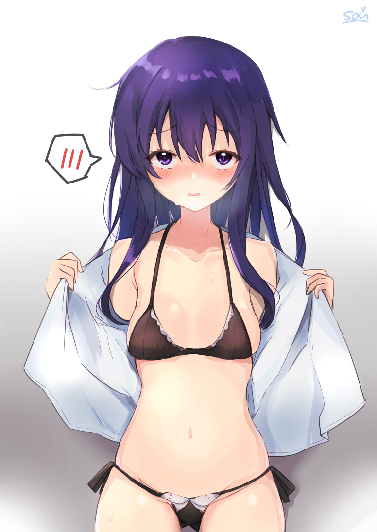1girl akatsuki_(kancolle) artist_name bangs bare_shoulders black_bra black_panties blush bra breasts collarbone commentary_request cowboy_shot eyebrows_visible_through_hair gradient gradient_background grey_background groin hair_between_eyes hands_up heavy_breathing kantai_collection long_hair looking_at_viewer navel open_clothes open_mouth open_shirt panties parted_lips purple_eyes purple_hair shirt signature small_breasts solo sou_(soutennkouchi) spoken_blush sweat underwear wavy_mouth white_background white_shirt