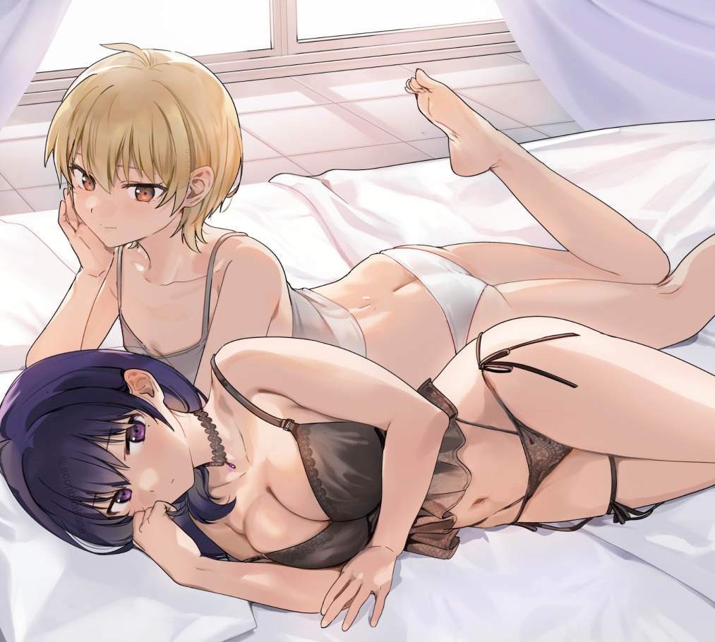 2girls ass bangs barefoot black_choker black_panties blonde_hair breasts brown_eyes choker cleavage collarbone commentary_request feet foot_up harumi_hana ichihara_chiaki indoors konbu_wakame large_breasts lingerie looking_at_another lying multiple_girls navel on_side on_stomach panties purple_eyes purple_hair sekai_de_ichiban_oppai_ga_suki! short_hair smile soles thighs toes underwear white_panties yuri