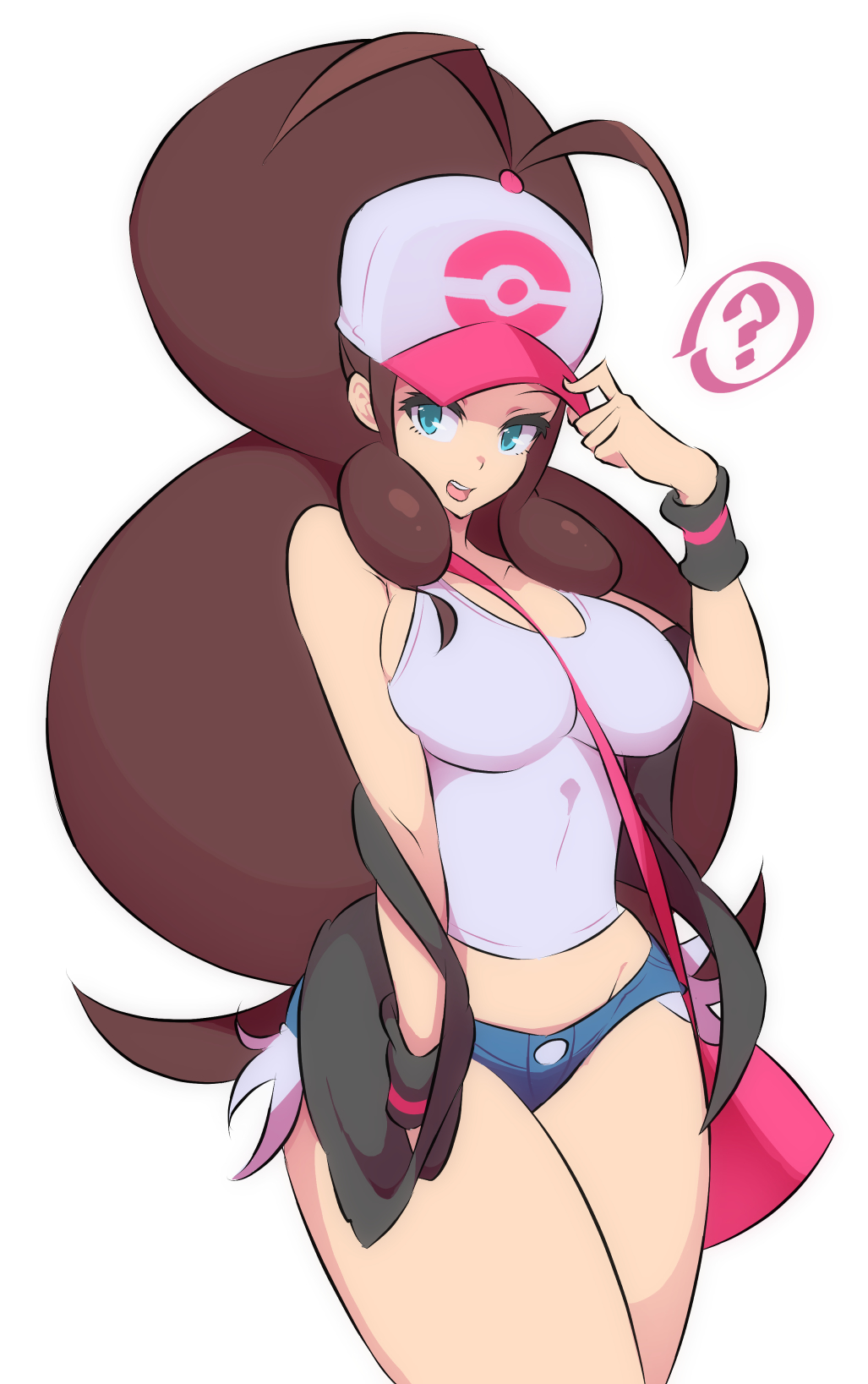 1girl ? adjusting_clothes adjusting_headwear ahoge bag baseball_cap between_breasts big_hair black_vest blue_eyes blue_shorts breasts brown_hair commentary covered_navel cowboy_shot curvy denim denim_shorts eyelashes handbag hat highres hilda_(pokemon) large_breasts long_hair looking_at_viewer midriff nac000 open_clothes open_mouth open_vest poke_ball_print pokemon pokemon_(game) pokemon_bw ponytail short_shorts shorts sidelocks simple_background sleeveless solo spoken_question_mark strap_between_breasts sweatband tank_top taut_clothes thighs vest white_background white_headwear white_tank_top wristband