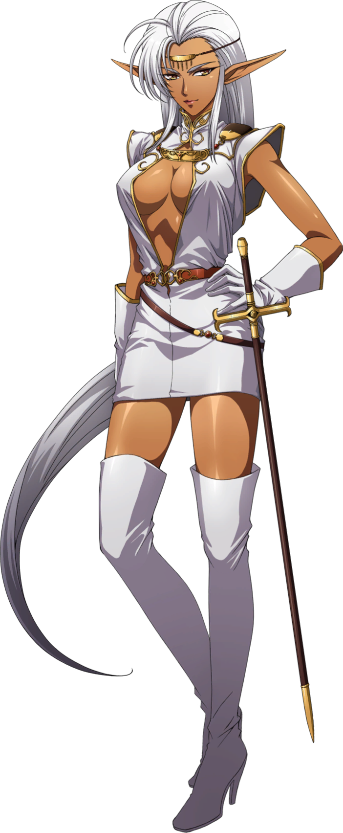 1girl boots breasts brown_eyes circlet cleavage closed_mouth dark-skinned_female dark_elf dark_skin dress elf floating_hair full_body gloves hand_on_hip high_heel_boots high_heels highres long_hair looking_at_viewer medium_breasts official_art pirotess pointy_ears record_of_lodoss_war sheath sheathed shiny shiny_skin short_dress silver_hair sleeveless sleeveless_dress solo standing straight_hair sword thigh_boots thighhighs transparent_background very_long_hair weapon white_dress white_footwear white_gloves zettai_ryouiki