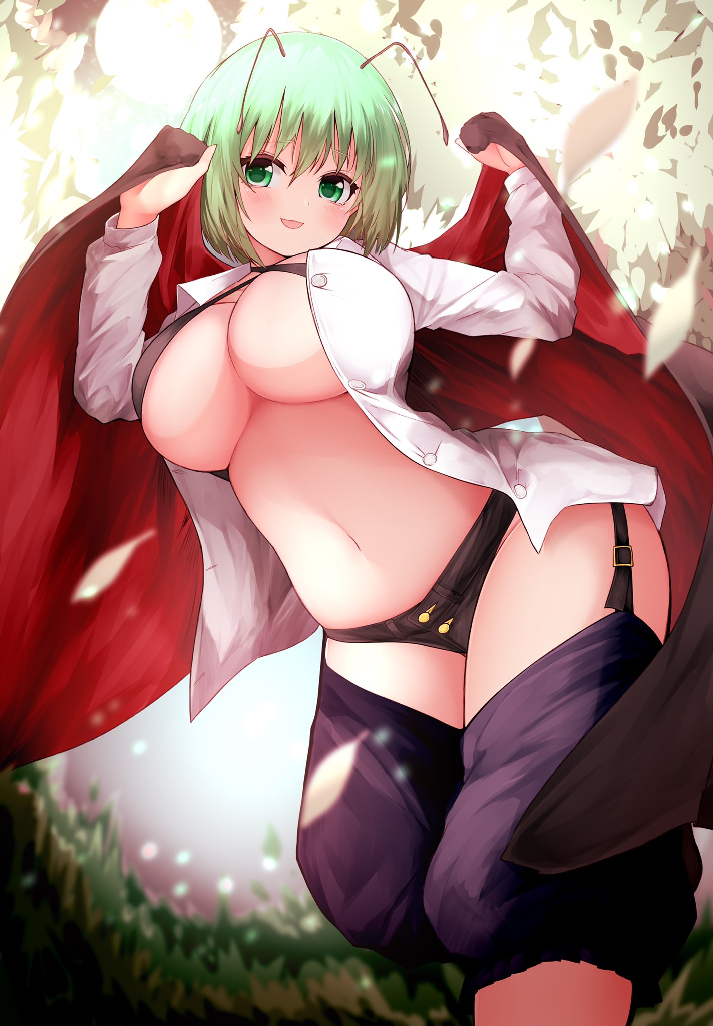 1girl alternate_breast_size amazaki_ria antennae arms_up baggy_pants bangs black_panties blue_pants blush breasts buttons collarbone collared_shirt crossed_bangs english_commentary garter_straps green_eyes green_hair highres large_breasts looking_at_viewer looking_down navel open_clothes open_mouth open_shirt outdoors panties pants shirt short_hair smile solo standing stomach thighs touhou two-tone_cape underboob underwear white_shirt wing_collar wriggle_nightbug wrist_cuffs