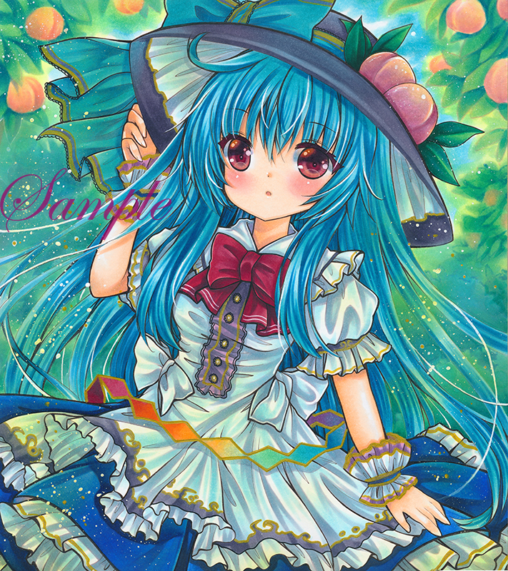 1girl :o adapted_costume black_headwear blue_hair blue_ribbon blue_skirt bow bowtie buttons collared_shirt cowboy_shot cowlick eyebrows_visible_through_hair food frilled_shirt frilled_shirt_collar frilled_skirt frills fruit green_background hair_between_eyes hand_on_headwear hat hat_ribbon hinanawi_tenshi leaf long_hair long_shirt looking_at_viewer marker_(medium) open_mouth outdoors peach puffy_short_sleeves puffy_sleeves red_bow red_bowtie red_eyes ribbon rui_(sugar3) sample shirt short_sleeves skirt solo touhou traditional_media very_long_hair white_shirt wrist_cuffs