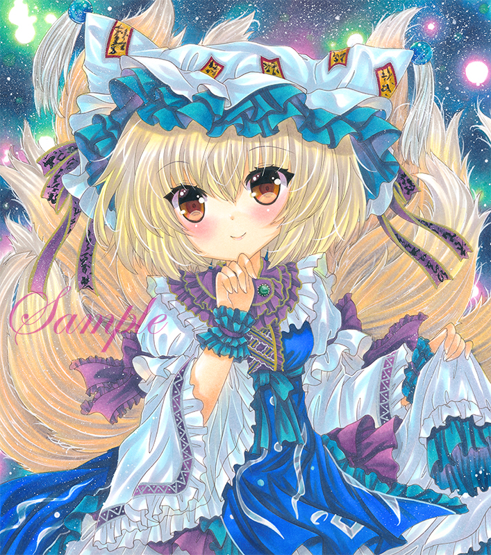 1girl blonde_hair blue_tabard breasts brown_eyes closed_mouth cowboy_shot dress eyebrows_visible_through_hair fox_tail frilled_hat frilled_shirt_collar frilled_sleeves frilled_tabard frills hand_on_own_chin hat hat_ribbon juliet_sleeves long_sleeves looking_at_viewer marker_(medium) multiple_tails ofuda ofuda_on_clothes pillow_hat puffy_sleeves purple_ribbon ribbon rui_(sugar3) sample short_hair skirt_hold small_breasts smile solo tabard tail tassel touhou traditional_media white_dress white_headwear wide_sleeves wrist_cuffs yakumo_ran