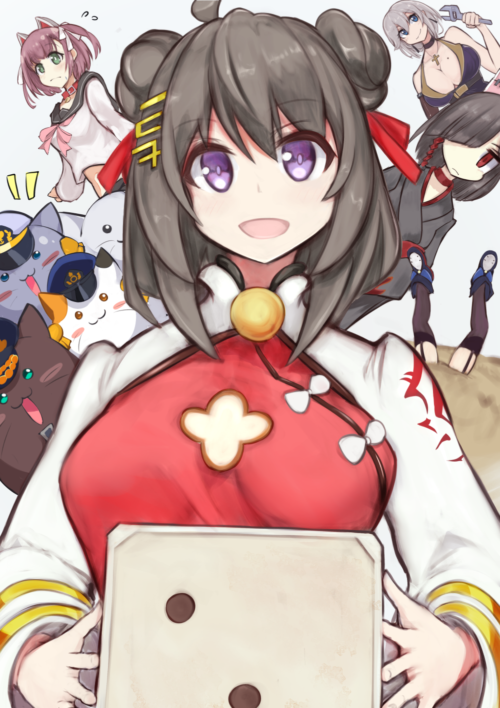 4girls animal_ears azur_lane bangs black_hair blue_eyes breasts cat_ears character_request china_dress chinese_clothes choker closed_mouth cross cross_necklace double_bun dress eyebrows_visible_through_hair fake_animal_ears green_eyes grey_hair hair_between_eyes hair_ornament hair_over_one_eye hairclip highres holding jewelry looking_at_viewer marshall_k medium_breasts medium_hair multiple_girls necklace one_eye_covered open_mouth pink_hair purple_eyes red_choker red_eyes silver_hair smile tai_yuan_(azur_lane) upper_body white_background