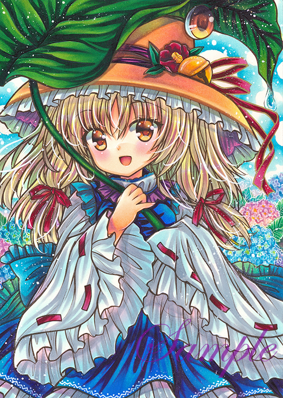 1girl :d back_bow blonde_hair blue_bow blue_flower blush bow breasts brown_headwear camellia cowboy_shot eyebrows_visible_through_hair floral_background flower frilled_bow frilled_hat frilled_sleeves frills hair_ribbon hat hat_bell hat_ribbon holding holding_leaf holding_umbrella hydrangea leaf leaf_umbrella long_hair long_sleeves looking_at_viewer marker_(medium) moriya_suwako open_mouth outdoors pink_flower red_flower red_ribbon ribbon ribbon-trimmed_sleeves ribbon_trim rui_(sugar3) sample small_breasts smile solo touhou traditional_media umbrella wide_sleeves yellow_eyes
