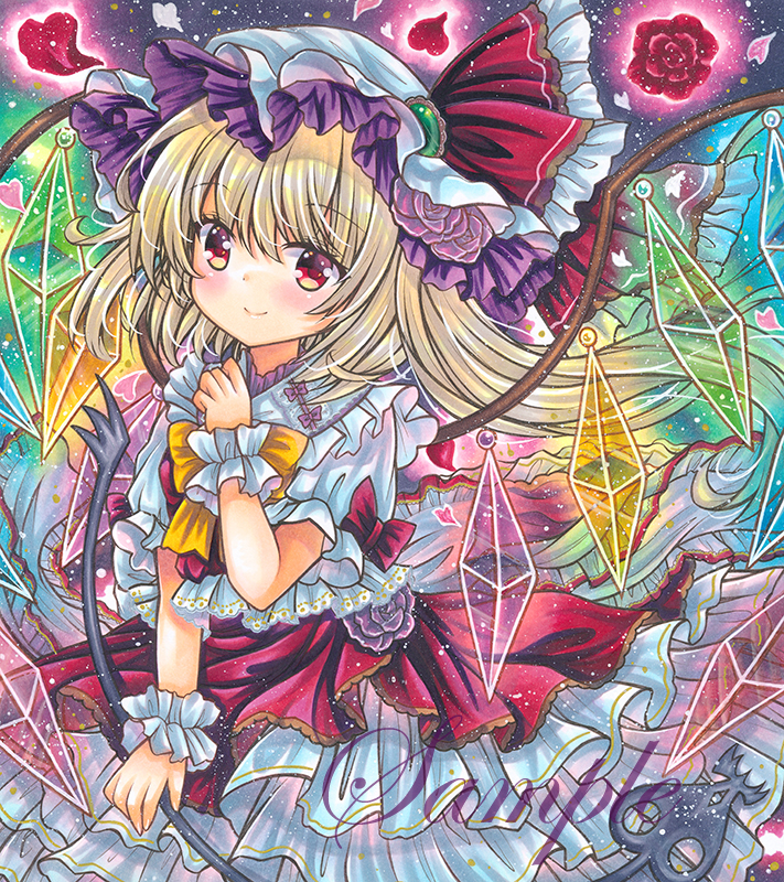 1girl blonde_hair blush brooch closed_mouth cowboy_shot crystal eyebrows_visible_through_hair flandre_scarlet flower frilled_hat frilled_ribbon frilled_shirt_collar frilled_skirt frills glowing green_brooch hand_on_own_chest hat hat_ribbon head_tilt holding holding_wand jewelry laevatein_(touhou) long_hair looking_at_viewer marker_(medium) mob_cap petals pink_flower puffy_short_sleeves puffy_sleeves rainbow_order red_eyes red_flower red_ribbon red_rose red_skirt red_vest ribbon rose rose_petals rui_(sugar3) sample shirt short_sleeves side_ponytail skirt smile solo touhou traditional_media vest wand white_headwear white_shirt wings wrist_cuffs