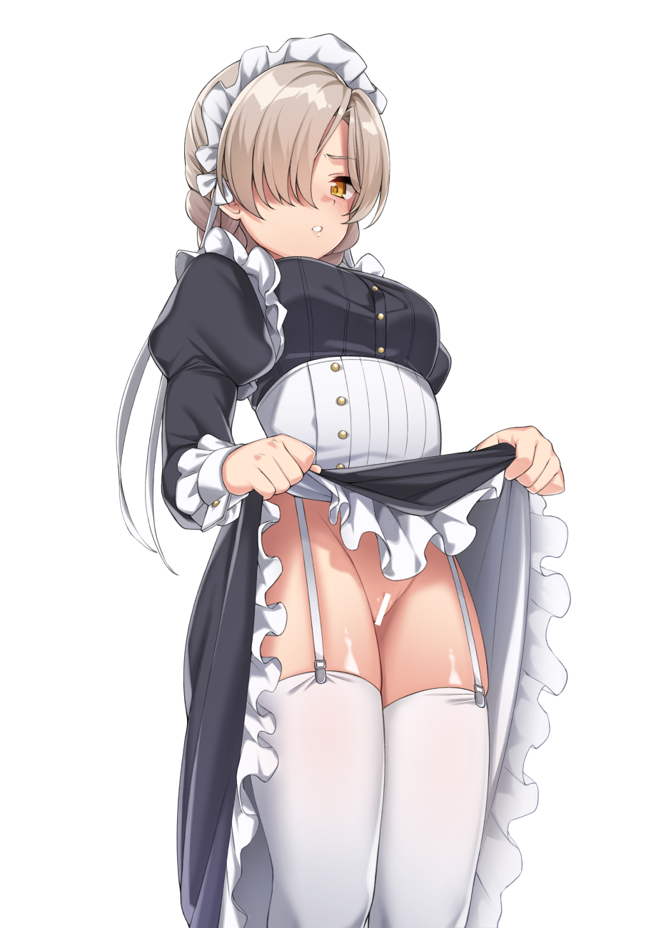 1girl azur_lane bar_censor black_dress blonde_hair braid breasts censored clip_studio_paint_(medium) commentary_request dress frilled_dress frills garter_straps hair_over_one_eye highres juliet_sleeves lifted_by_self long_sleeves looking_at_viewer maid_headdress medium_breasts no_panties puffy_sleeves sheffield_(azur_lane) shiny shiny_skin short_hair simple_background solo spicy_moo standing thighhighs white_background wrist_cuffs yellow_eyes