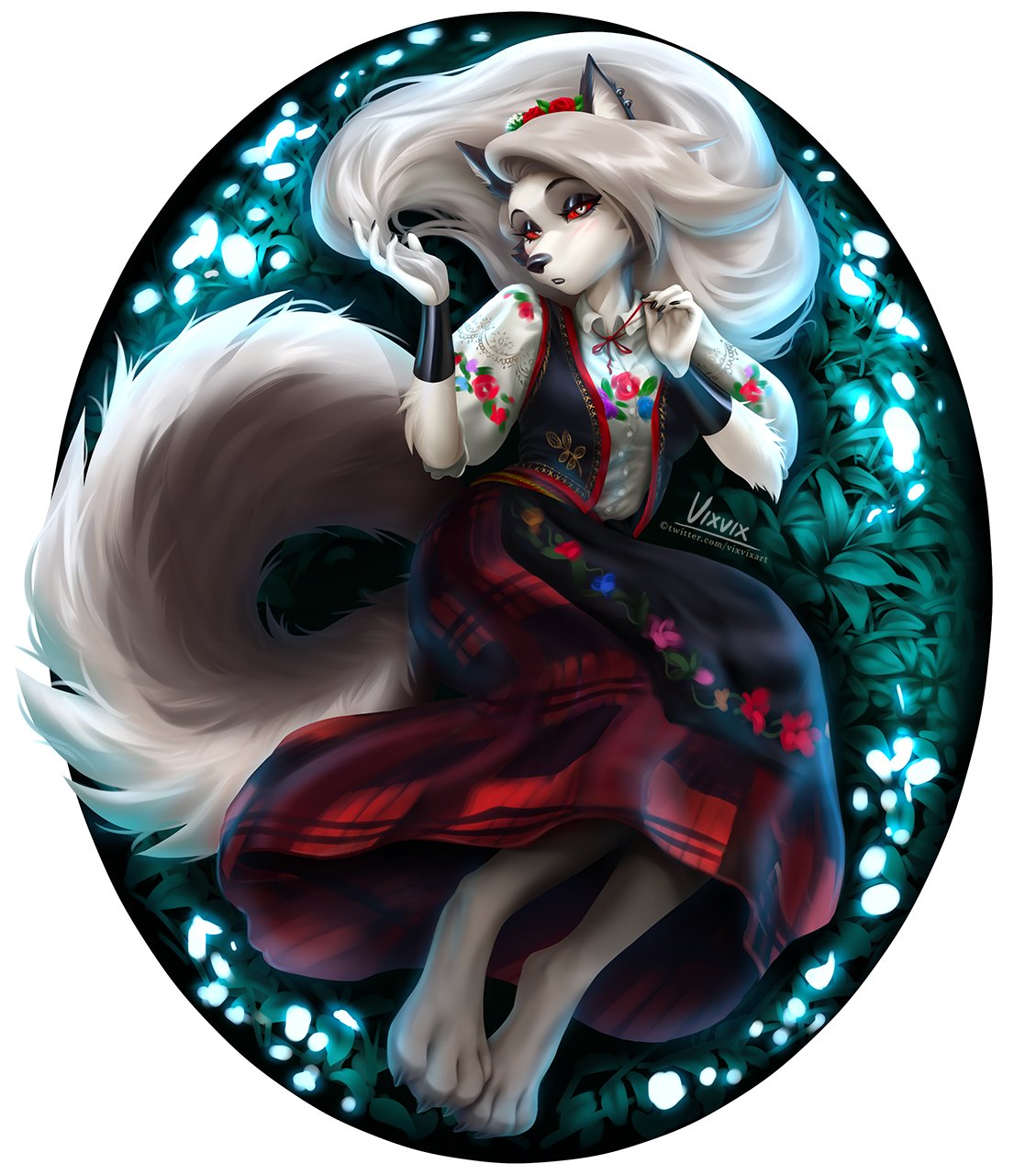 anthro canid canid_demon canine canis clothing demon digitigrade eyeshadow female fluffy fluffy_tail fur grey_body grey_fur hellhound helluva_boss hi_res loona_(helluva_boss) makeup mammal red_sclera simple_background slavic solo vixvixart white_body white_eyes white_fur wolf