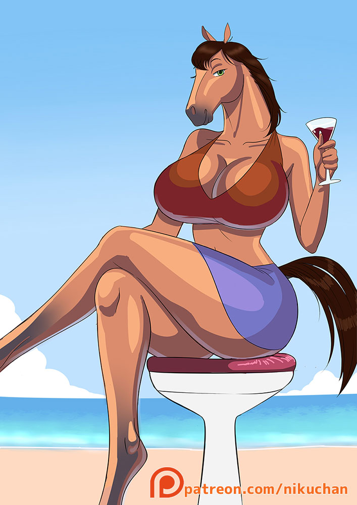 anthro beach beverage big_breasts bottomwear breasts cleavage clothed clothing crossed_legs equid equine female horse mammal nikuyoku seaside skirt sky solo