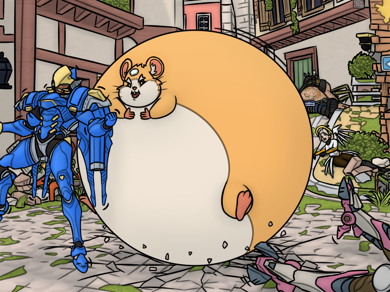 ball blizzard_entertainment chubby_cheeks colored cricetid detailed_background female feral fur group hammond_(overwatch) hamster human inflation male mammal meka_(overwatch) mercy_(overwatch) orange_body orange_fur overwatch overweight overweight_male pharah_(overwatch) roadhog_(overwatch) rodent round_body tan_body tan_fur the-fat-red-dragon video_games whiskers