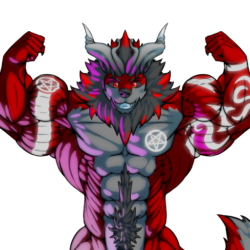 1:1 abaddonstrife abs alpha_channel anthro arm_tattoo big_muscles black_sclera canid canine canis chest_tattoo demon demonic firezol flexing flexing_bicep flexing_both_biceps flexing_muscles fluffy horn hybrid looking_at_viewer maine male mammal muscular muscular_male pecs pentagram red_body red_eyes smile smiling_at_viewer solo strife tattoo wolf