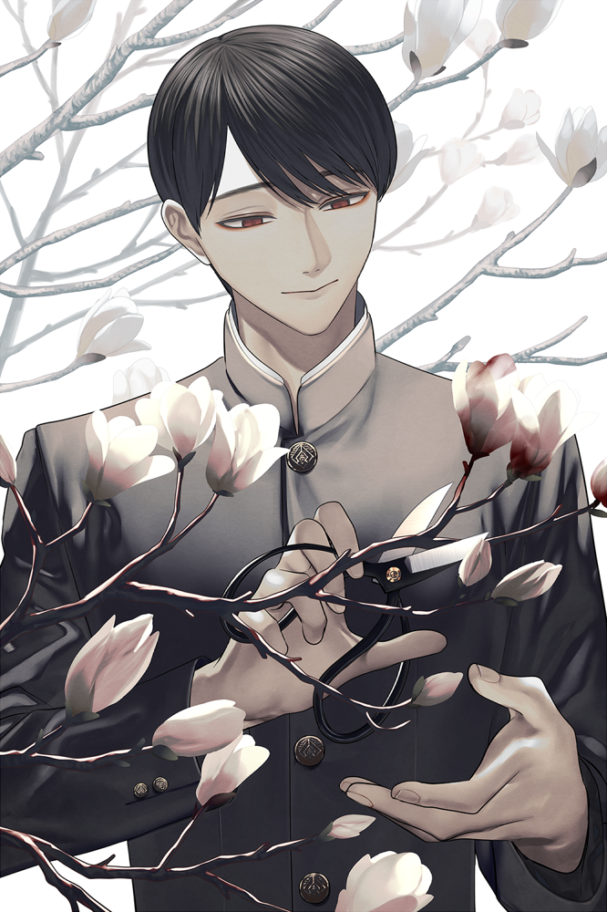 1boy bangs black_hair branch chinikuniku clippers eyeliner flower gakuran holding holding_scissors looking_down makeup male_focus muted_color original red_eyes school_uniform scissors solo swept_bangs tree white_background