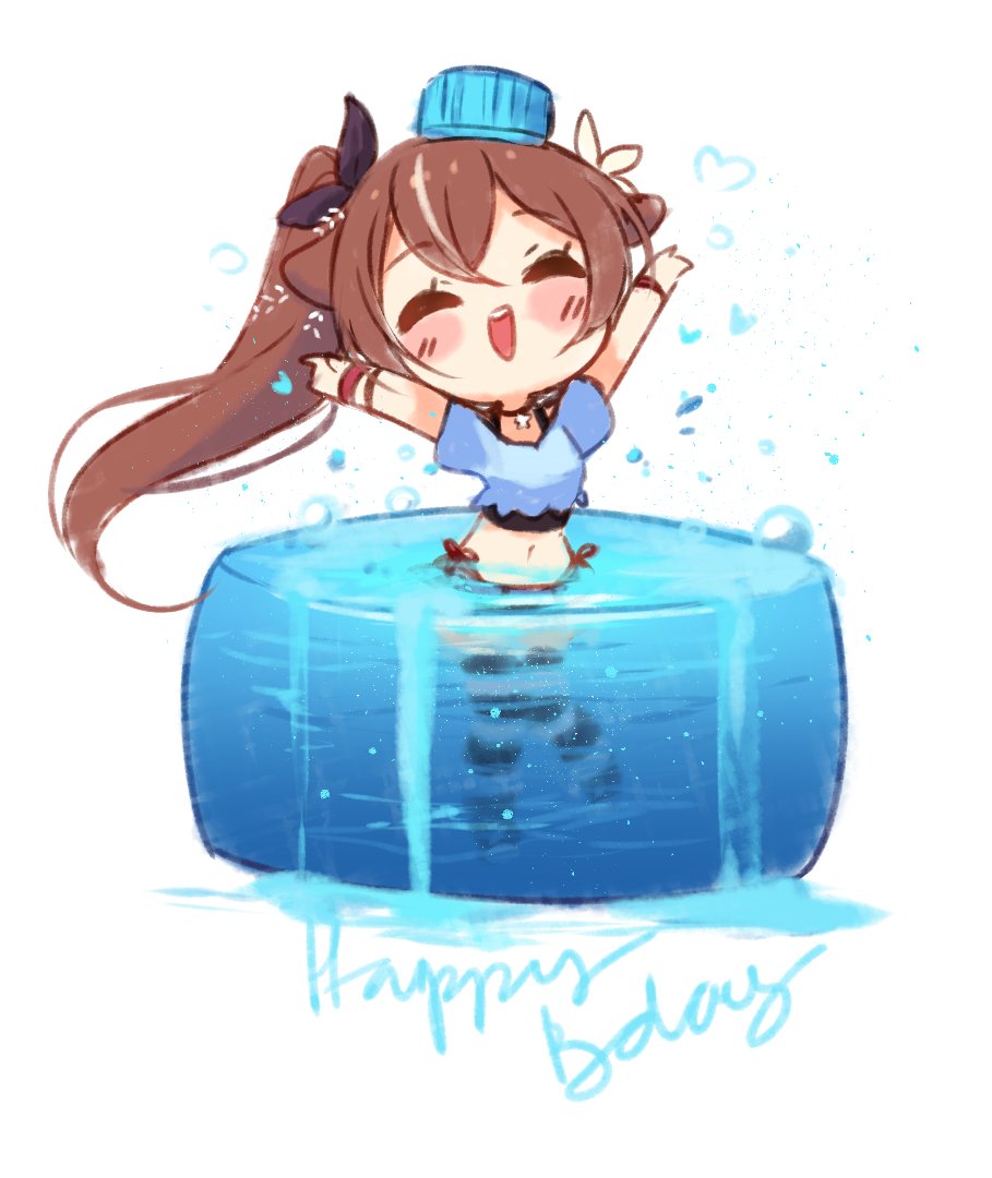 1girl :d ^_^ black_ribbon blue_headwear blue_shirt blush_stickers brown_hair chibi closed_eyes commentary crop_top english_commentary facing_viewer hair_ribbon happy_birthday hat heart hyanna-natsu long_hair mini_hat navel original outstretched_arms partially_submerged ribbon shirt short_sleeves side_ponytail smile solo striped striped_legwear teeth thighhighs upper_teeth very_long_hair water white_background