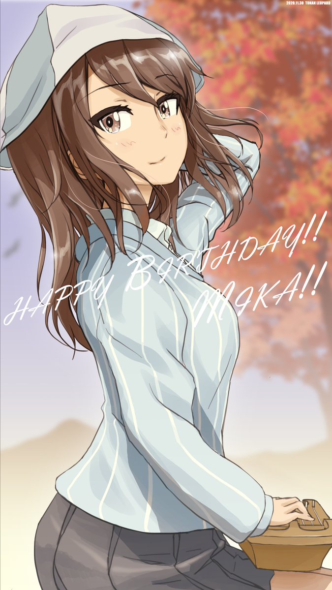 1girl arm_up bangs birthday blue_headwear blue_shirt blurry blurry_background brown_eyes brown_hair character_name closed_mouth commentary cursive day depth_of_field english_text eyebrows_visible_through_hair from_side girls_und_panzer grey_skirt hand_in_hair happy_birthday hat holding holding_instrument instrument kantele keizoku_school_uniform long_hair long_sleeves looking_at_viewer mika_(girls_und_panzer) miniskirt outdoors pleated_skirt school_uniform shirt sitting skirt smile solo striped striped_shirt tonan_leopard tree tulip_hat vertical-striped_shirt vertical_stripes