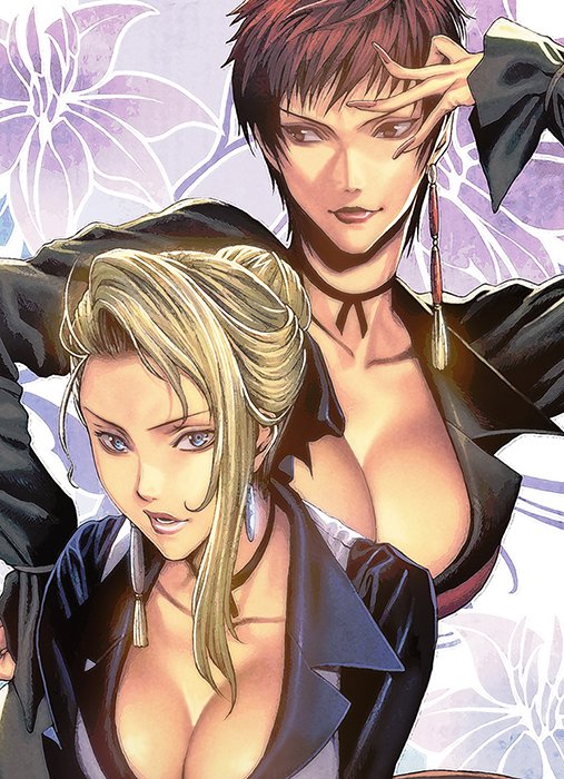 2girls blonde_hair blue_eyes breasts brown_eyes cleavage eyebrows fingernails floral_background homare_(fool's_art) jewelry large_breasts lips long_hair mature_(kof) multiple_girls pink_lips pose red_lips reward_available sharp_fingernails short_hair the_king_of_fighters the_king_of_fighters_'96 tied_hair upper_body vest vice_(kof) white_vest
