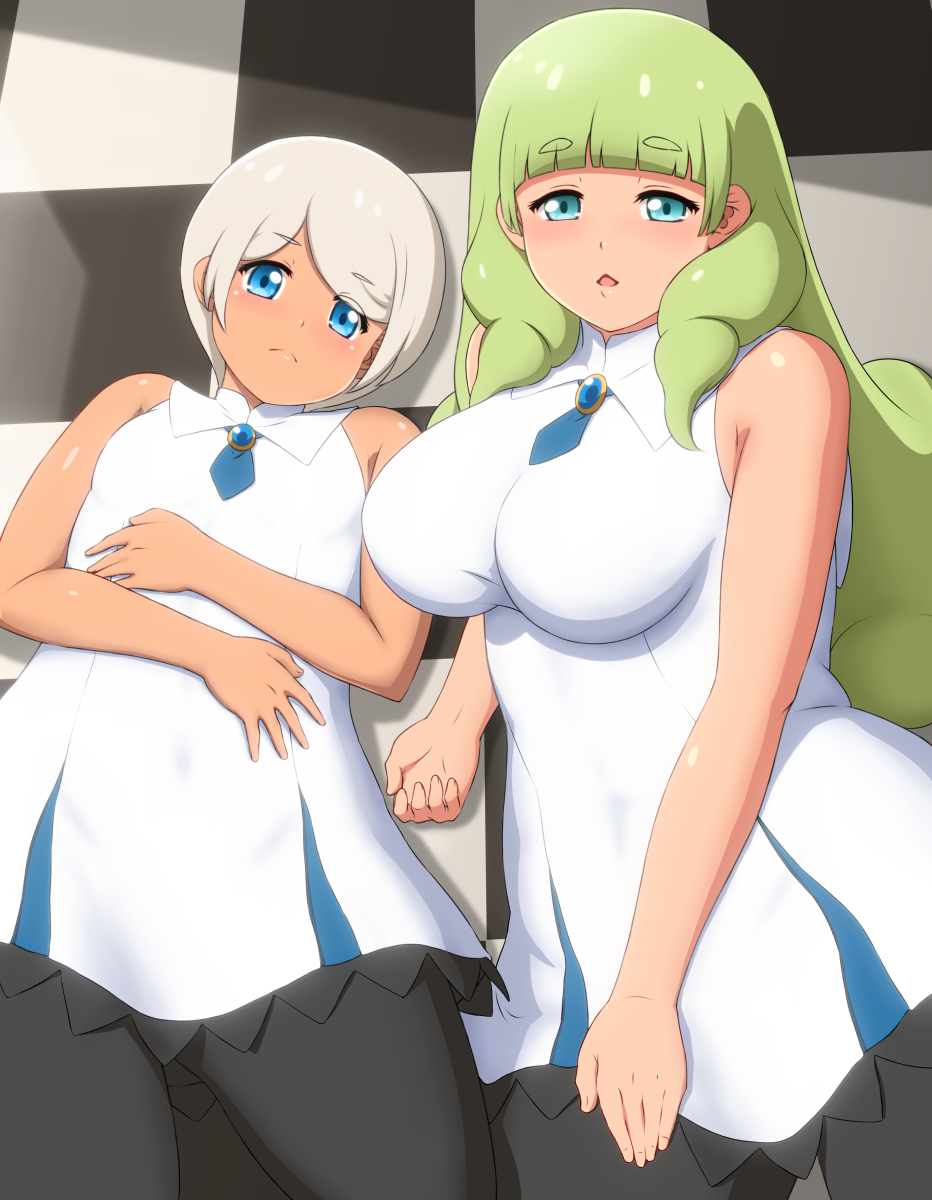 2girls anime_coloring aqua_eyes black_legwear blue_eyes blue_neckwear blush breasts brooch capitan_(tsyoujo) checkered_floor chestnut_mouth collared_dress covered_navel cowboy_shot dress electoa_(capitan_(tsyoujo)) eyebrows_visible_through_hair farneli_(capitan_(tsyoujo)) frown green_hair highres jewelry large_breasts long_hair looking_at_viewer lying multiple_girls necktie on_back original pantyhose platinum_blonde_hair short_hair short_necktie sleeveless sleeveless_dress small_breasts white_dress