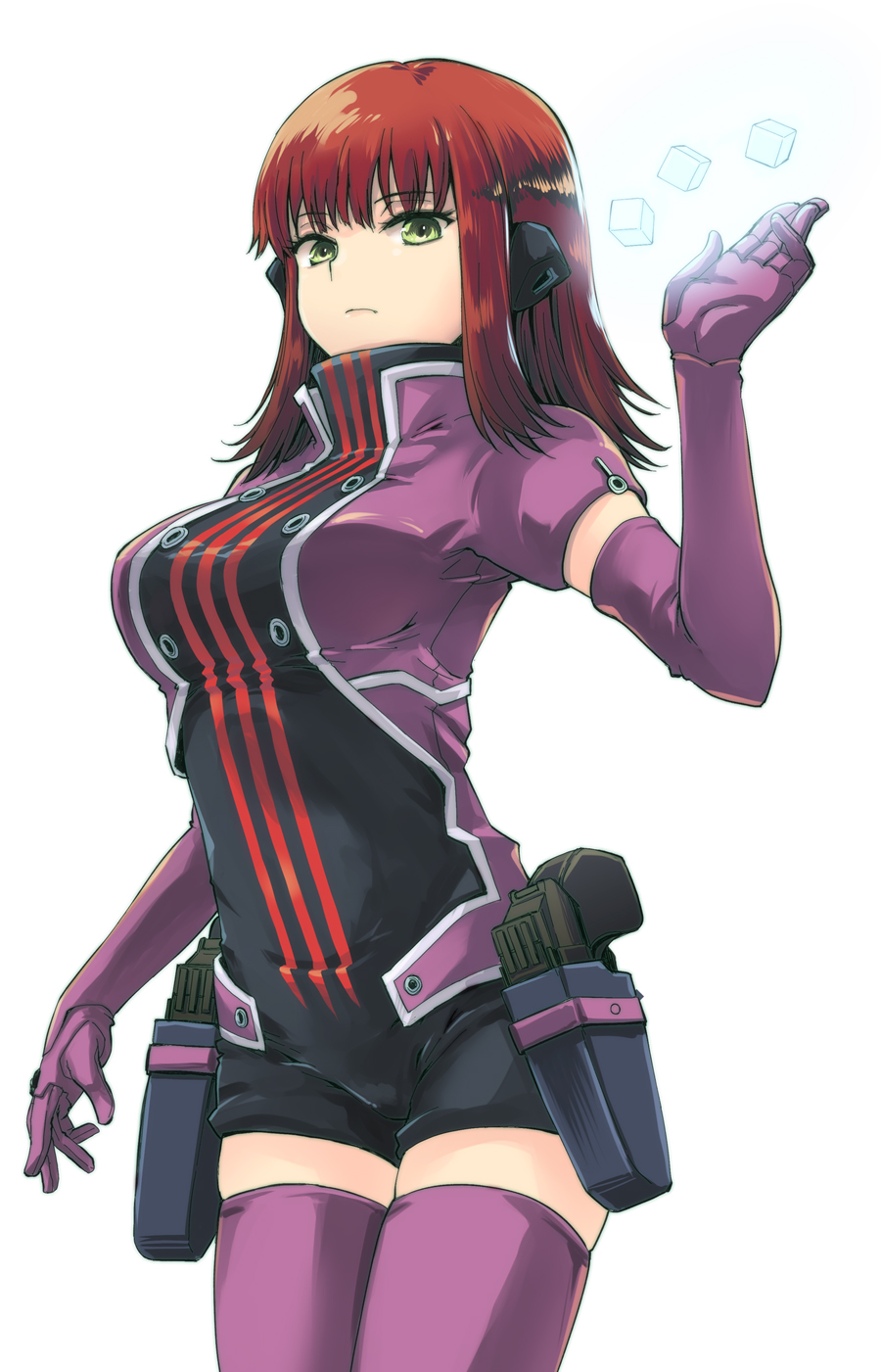1girl arm_at_side bangs breasts cube elbow_gloves flipped_hair floating frown gloves glowing green_eyes gun hand_up handgun headphones highres holster holstered_weapon katori_youko large_breasts levitation looking_at_viewer makita_yoshiharu medium_hair purple_gloves purple_legwear red_hair short_jumpsuit short_sleeves simple_background skindentation solo thighhighs turtleneck uniform weapon white_background world_trigger