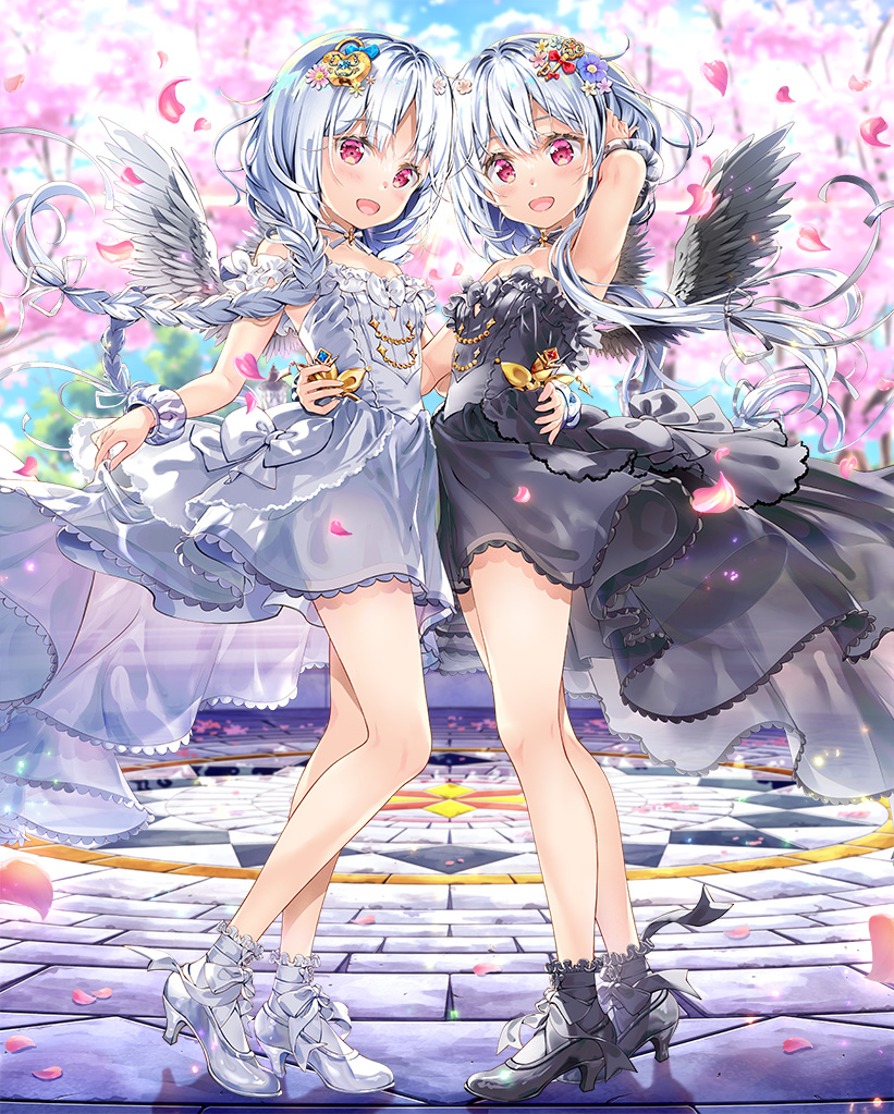 2girls :d armpits bangs bare_shoulders black_dress black_footwear black_legwear black_wings blue_flower blurry blurry_background commentary_request copyright_request depth_of_field dress eyebrows_visible_through_hair feathered_wings flower fujima_takuya hair_between_eyes hair_flower hair_ornament hand_on_another's_waist high_heels multiple_girls parted_bangs petals pink_flower red_eyes scrunchie silver_hair smile socks standing strapless strapless_dress tree white_dress white_footwear white_legwear white_scrunchie white_wings wings wrist_scrunchie
