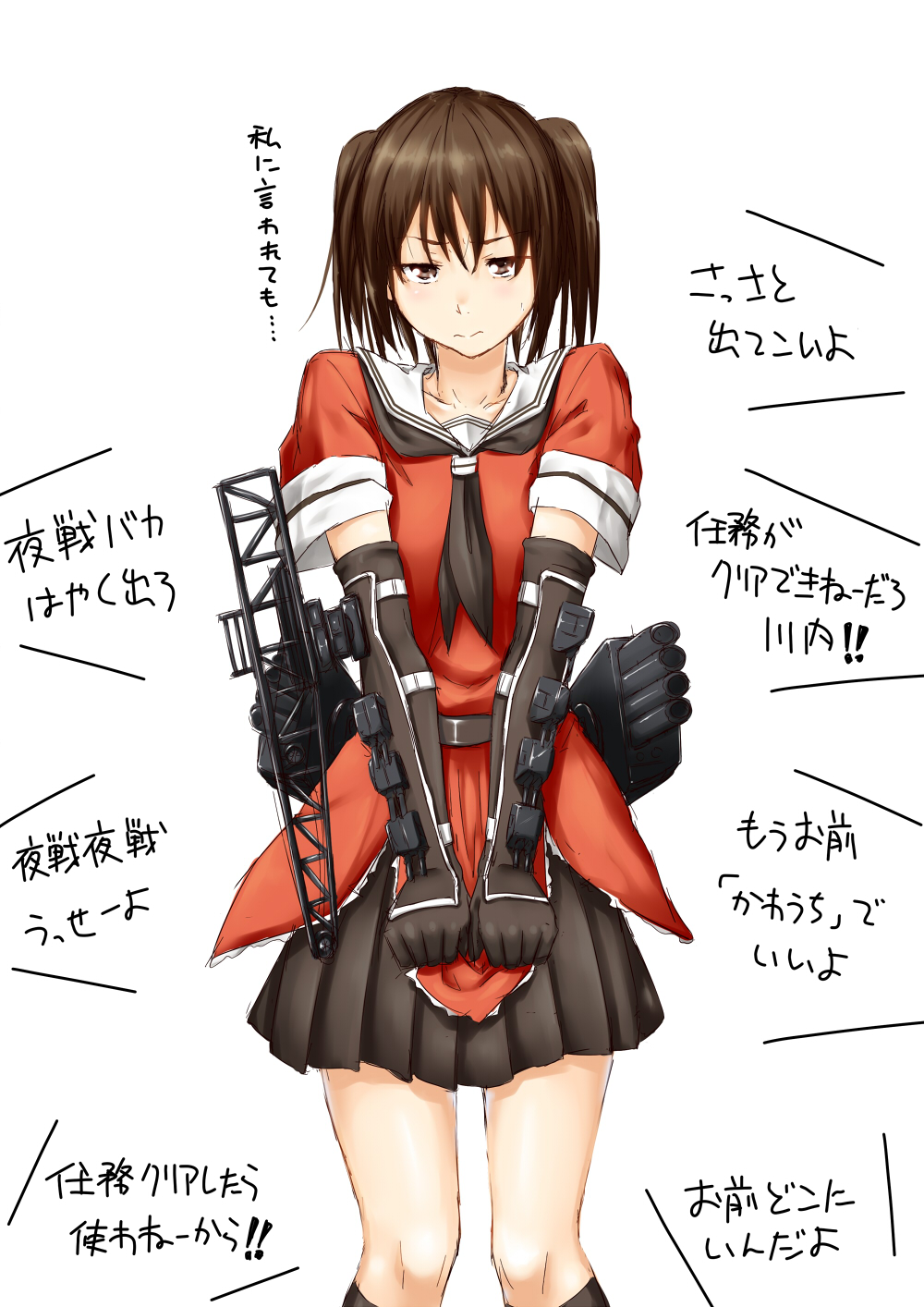 1girl black_gloves black_neckwear black_skirt brown_eyes brown_hair elbow_gloves fingerless_gloves gloves highres kantai_collection neckerchief niwatazumi school_uniform sendai_(kantai_collection) serafuku simple_background skirt solo translation_request two_side_up white_background