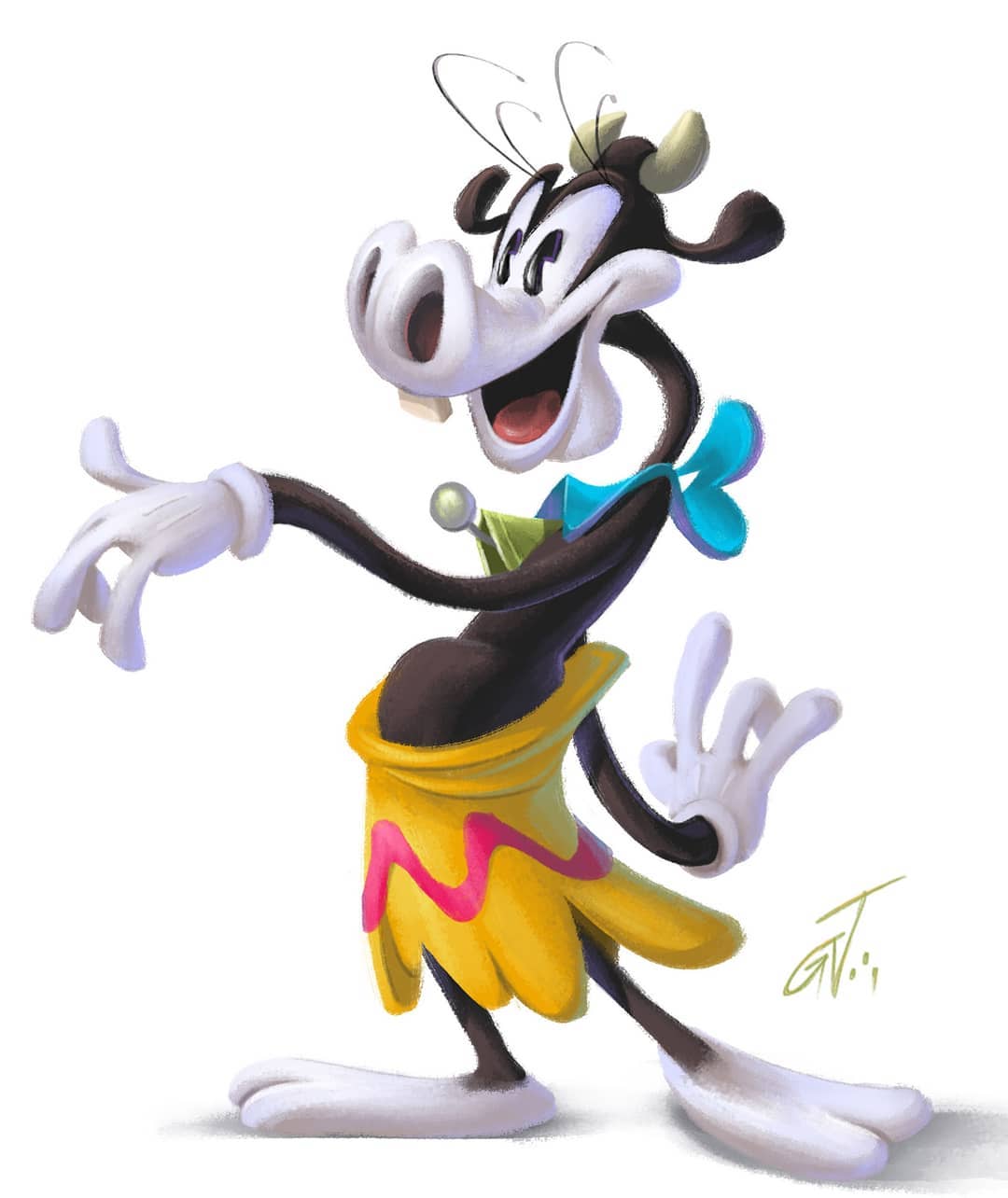 anthro bell black_eyes bottomwear bovid bovine cattle clarabelle_cow clothed clothing cowbell disney eyelashes female gloves handwear happy hi_res horn mammal partially_clothed signature simple_background skirt smile solo standing unknown_artist white_background