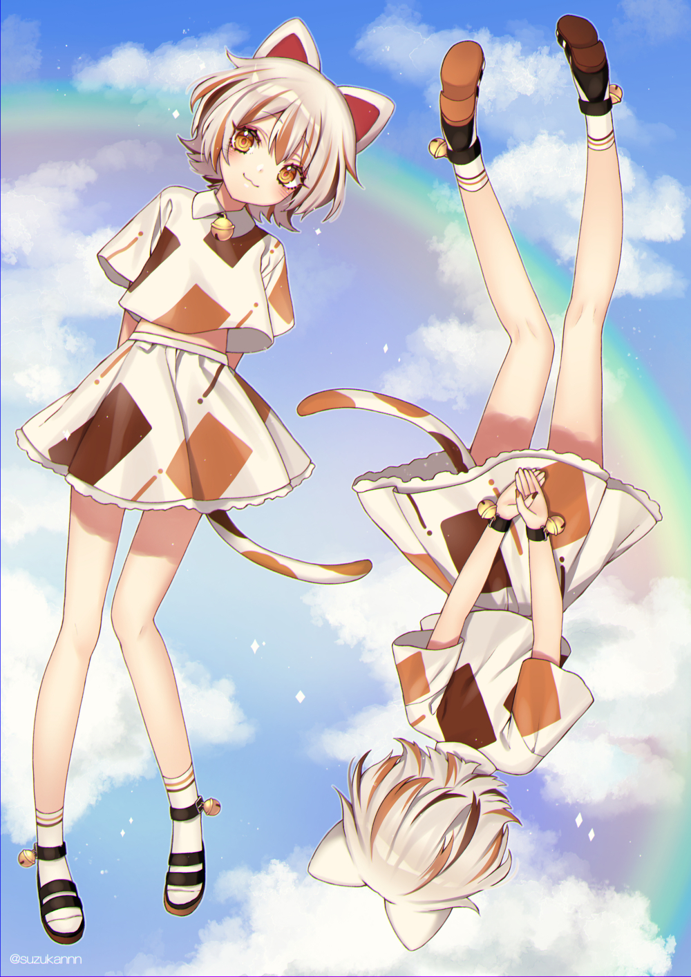 1girl :3 animal_ears ankleband arms_behind_back artist_name bangs bell calico cat_ears cloud collared_shirt eyebrows_visible_through_hair floating from_behind full_body goutokuji_mike head_tilt highres kneepits kyouda_suzuka legs light_blush long_legs looking_at_viewer midriff midriff_peek multicolored_clothes multicolored_hair multicolored_shirt multicolored_skirt multicolored_tail multiple_views neck_bell patches rainbow sandals shirt short_hair short_sleeves skirt skirt_set sky streaked_hair tail touhou turnaround upside-down white_legwear yellow_eyes