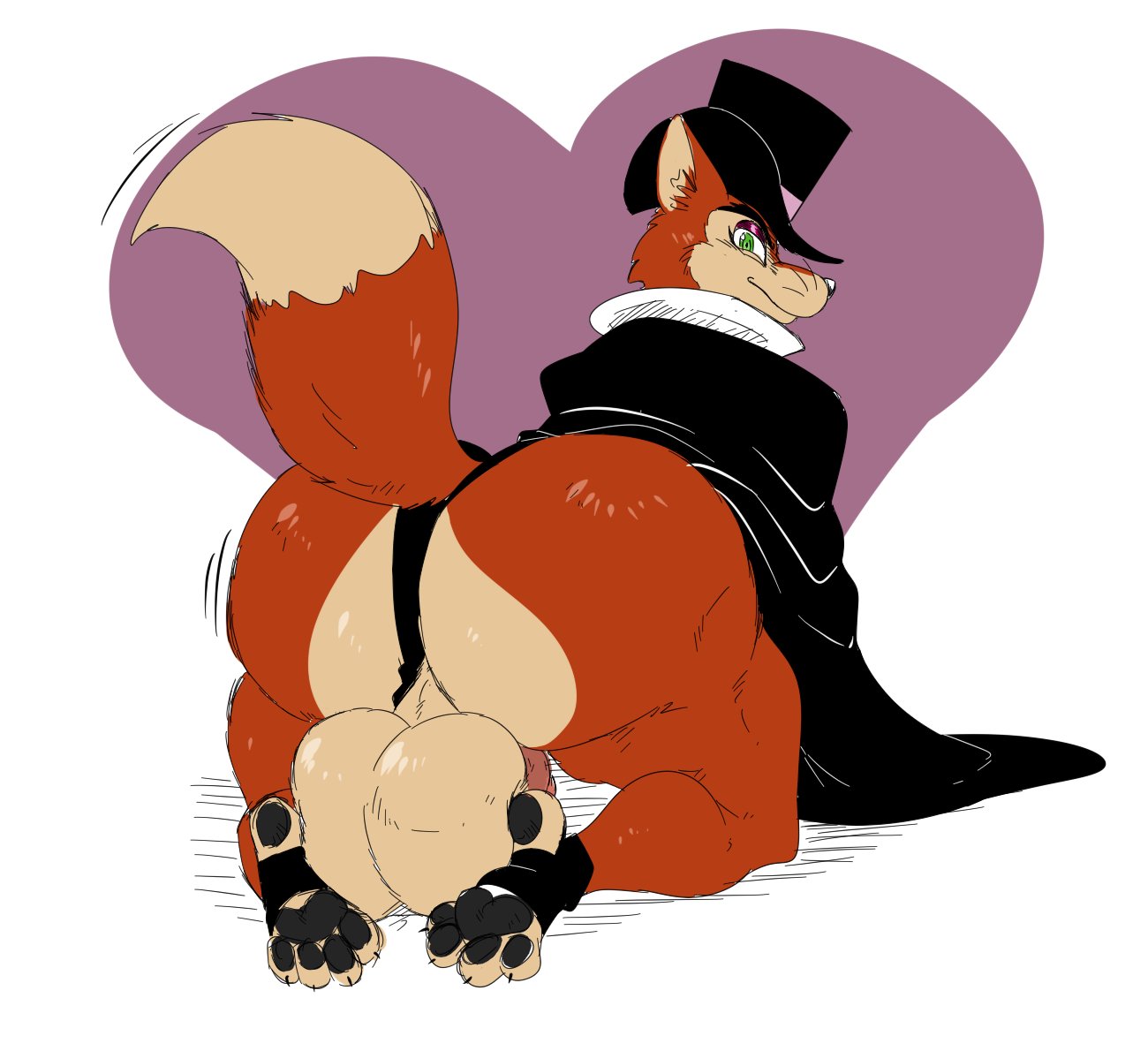 "honest"_john_foulfellow a-side anthro balls big_balls big_butt butt canid canine cape claws clothing disney fox fur genitals hat headgear headwear looking_at_viewer looking_back male mammal pawpads paws pinocchio rear_view seductive solo thick_thighs top_hat whiskers