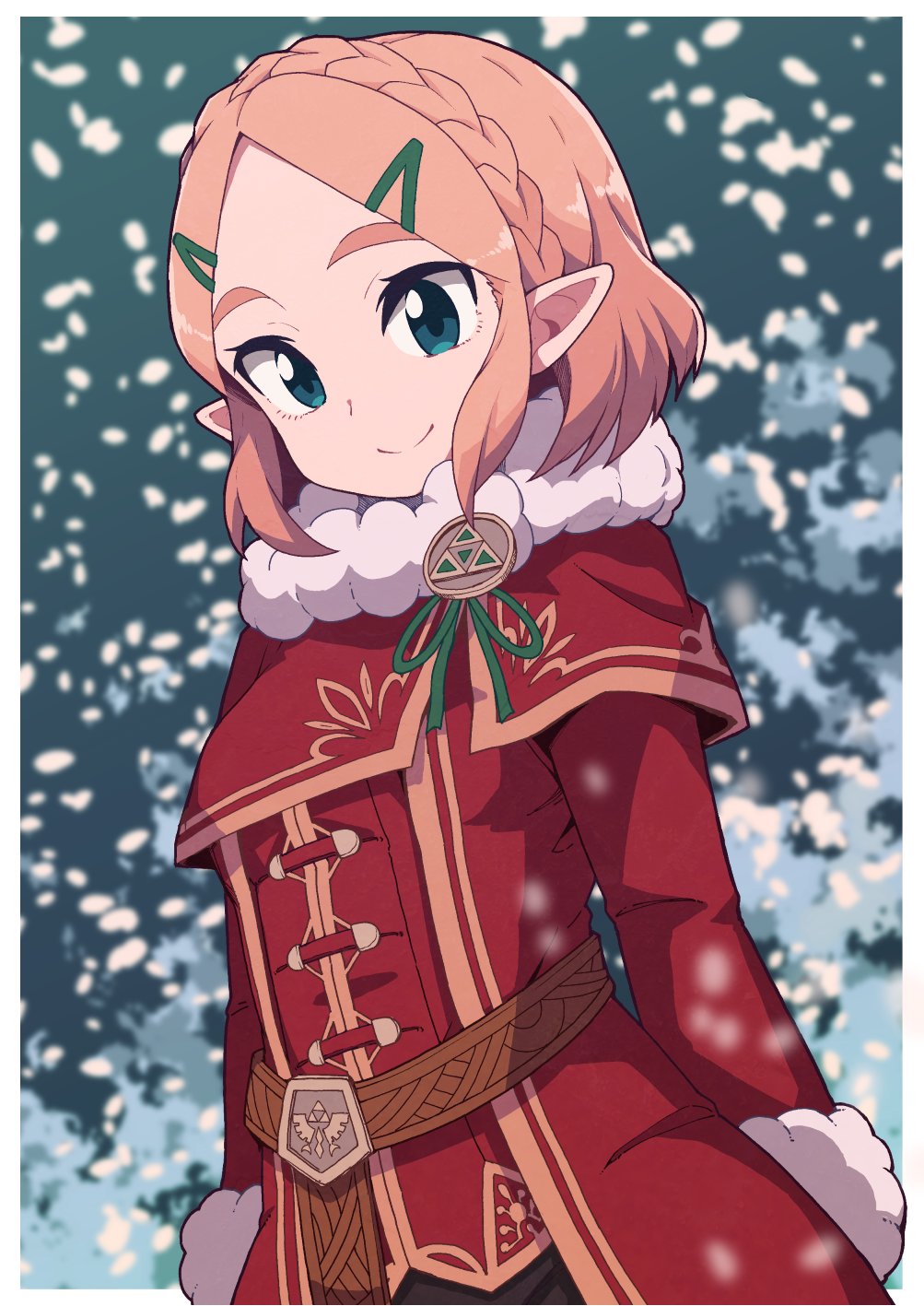 1girl belt blonde_hair bobblehat braid brown_belt capelet christmas closed_mouth coat commentary fur-trimmed_sleeves fur_trim hair_ornament hairclip highres long_sleeves looking_at_viewer outdoors pointy_ears princess_zelda red_capelet red_coat short_hair smile snowing solo standing the_legend_of_zelda the_legend_of_zelda:_breath_of_the_wild triforce_print yokoyoko_(nazonazo)