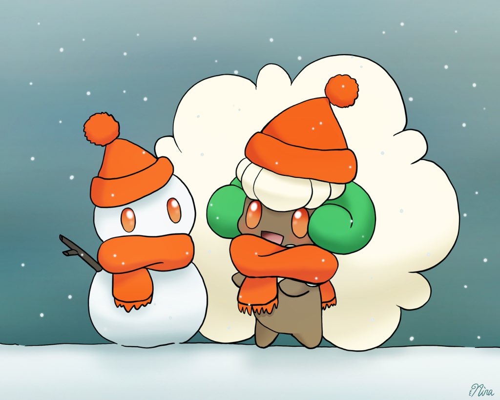 :d aoyagi_nira blush commentary_request hat hatted_pokemon no_humans open_mouth orange_eyes orange_headwear orange_scarf pokemon pokemon_(creature) scarf signature smile snowing snowman standing tongue whimsicott